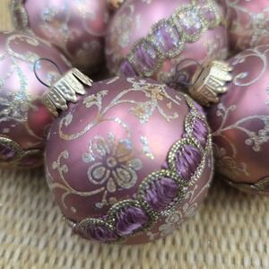 Vintage West Germany Glass Ornaments Pink Mauve Embroidered Glitter Lot of 7